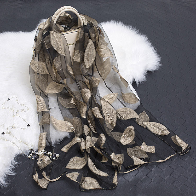 Silk Scarf Featuring Floral Cutwork Hollow Motif Accessory