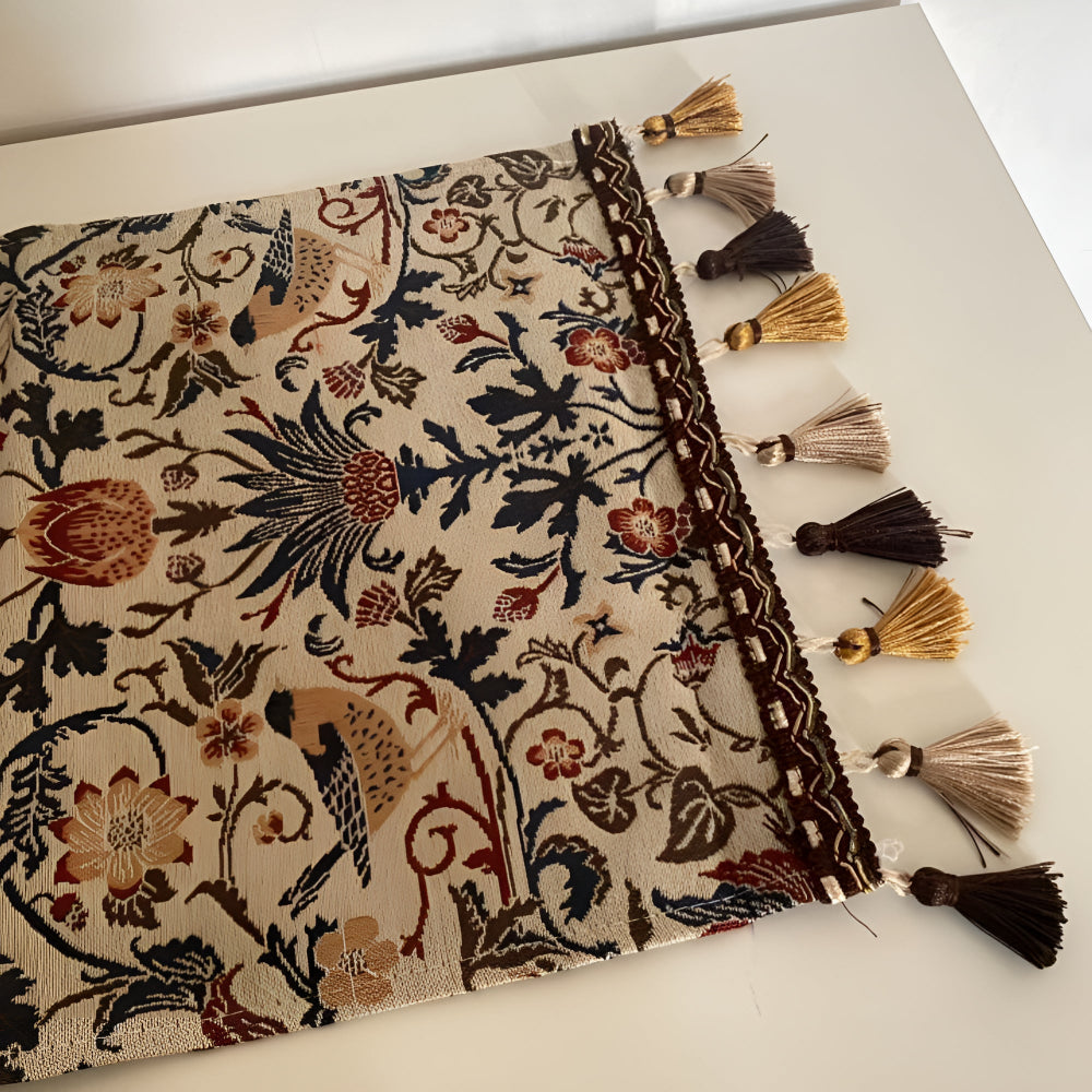 Elegant Country Dining Table Runner with Vintage Floral and Bird Jacquard