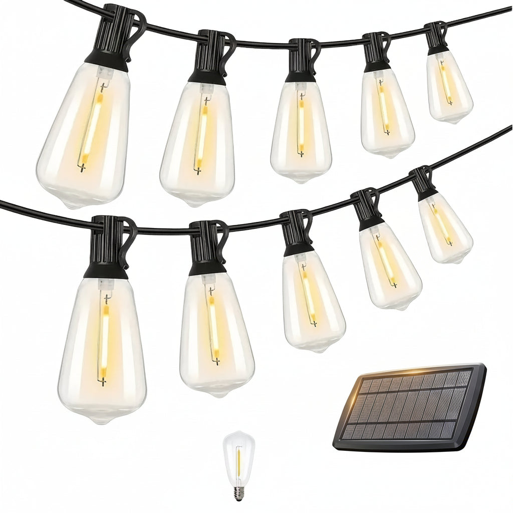 Solara 100 Ft Solar Light Strings Outdoor LED With Dimmable Yellow St38 Bulbs