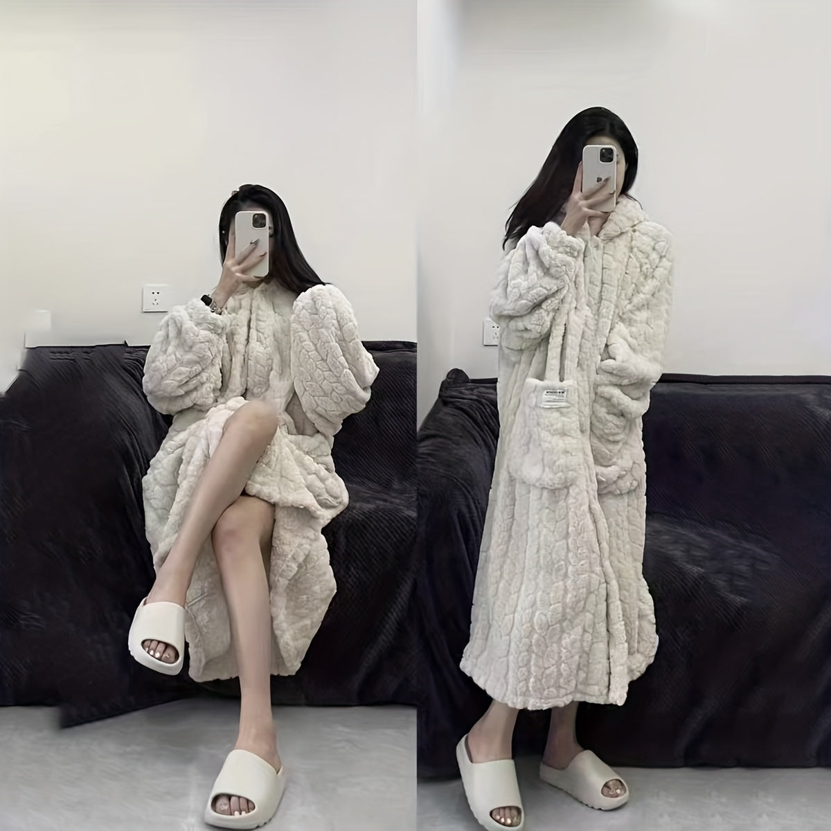 Velvélune Cream White Bathrobe With Striped Pattern