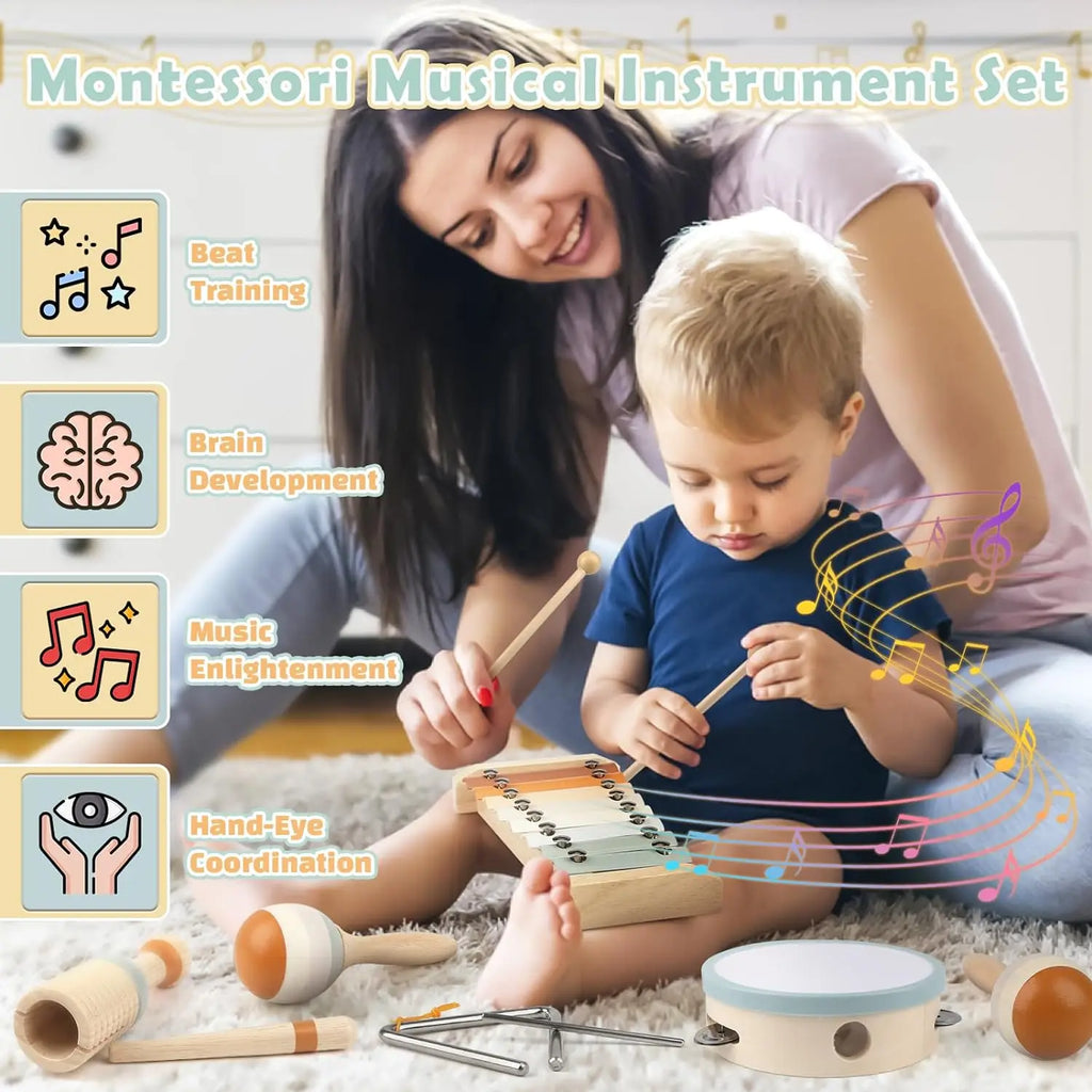 Montessori musikkssett for småbarn med maracas og xylofon