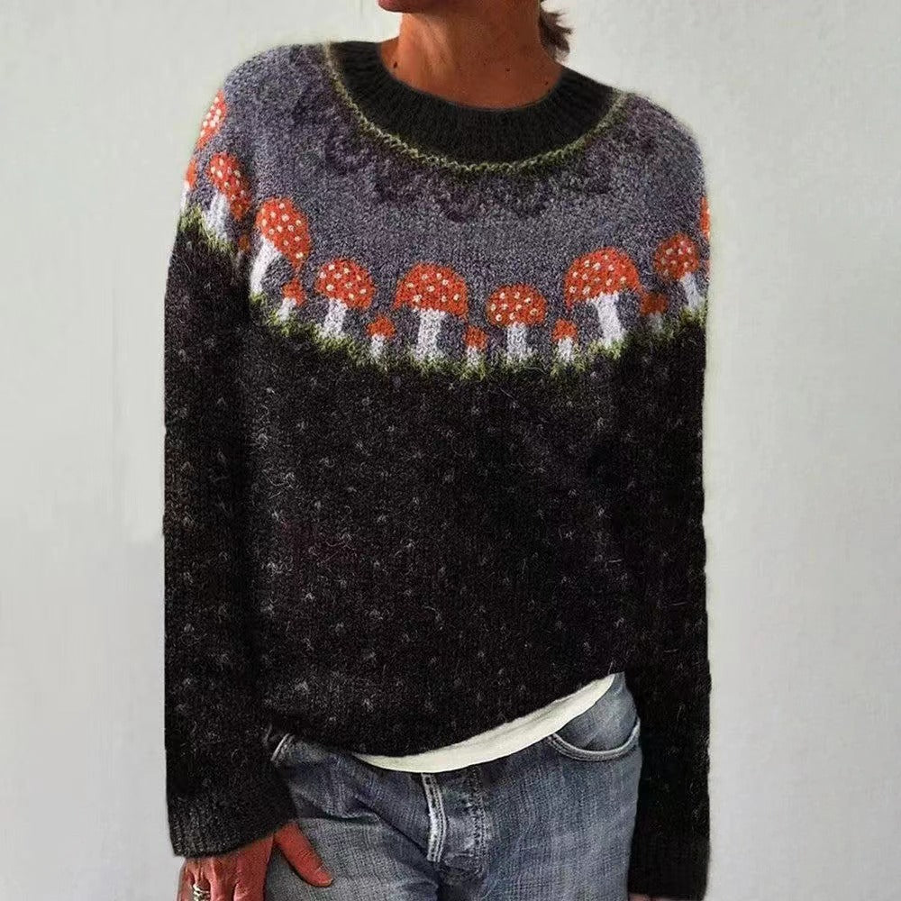 Aurora Mushroom Nordic Style Fair Isle Knit Sweater Pattern Wool Blend