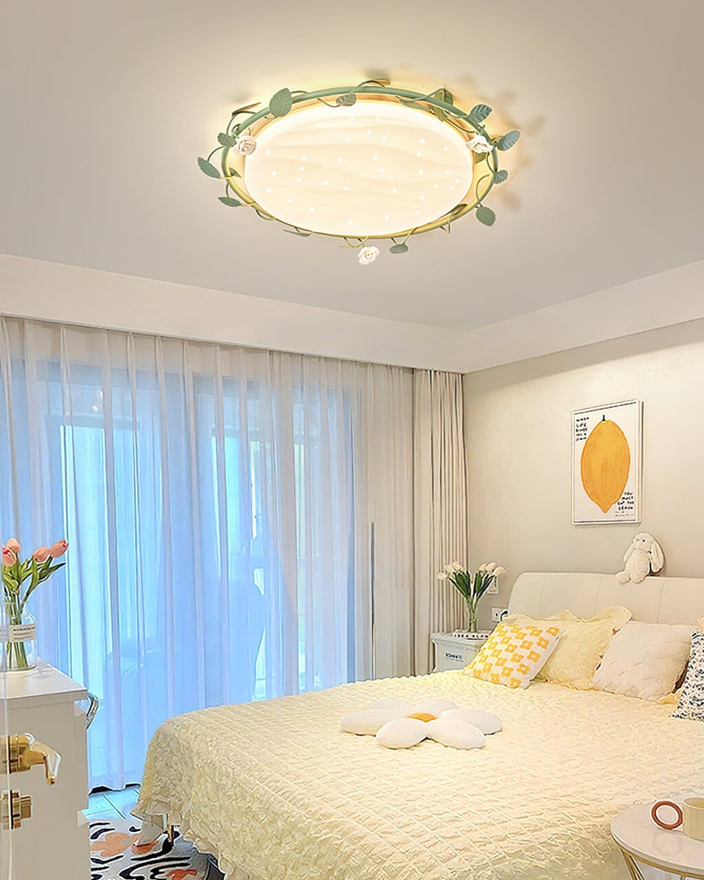 Elora romantische plafondlamp met rozenmotieven en groene accenten geïntegreerde LED-armatuur