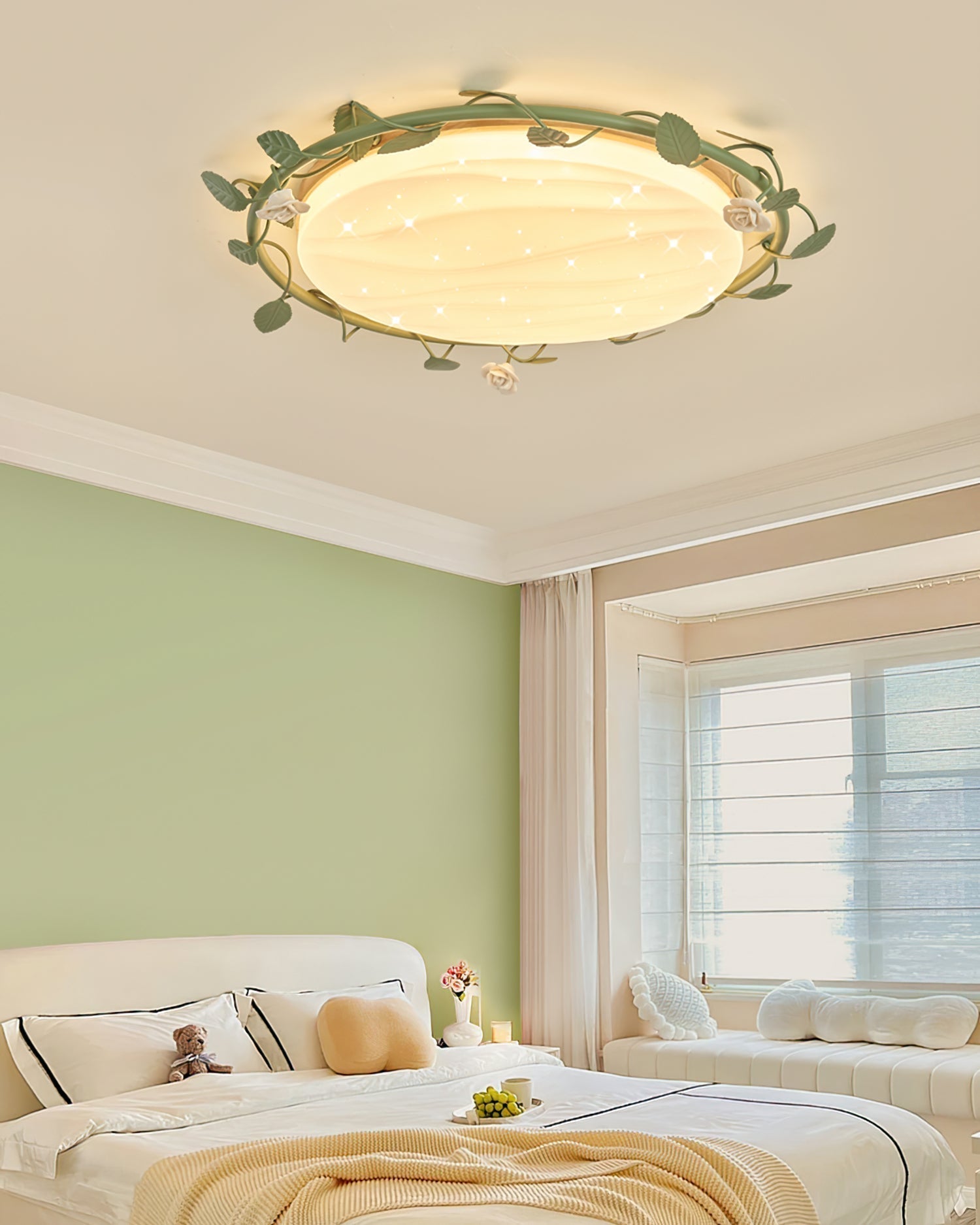 Elora romantische plafondlamp met rozenmotieven en groene accenten geïntegreerde LED-armatuur