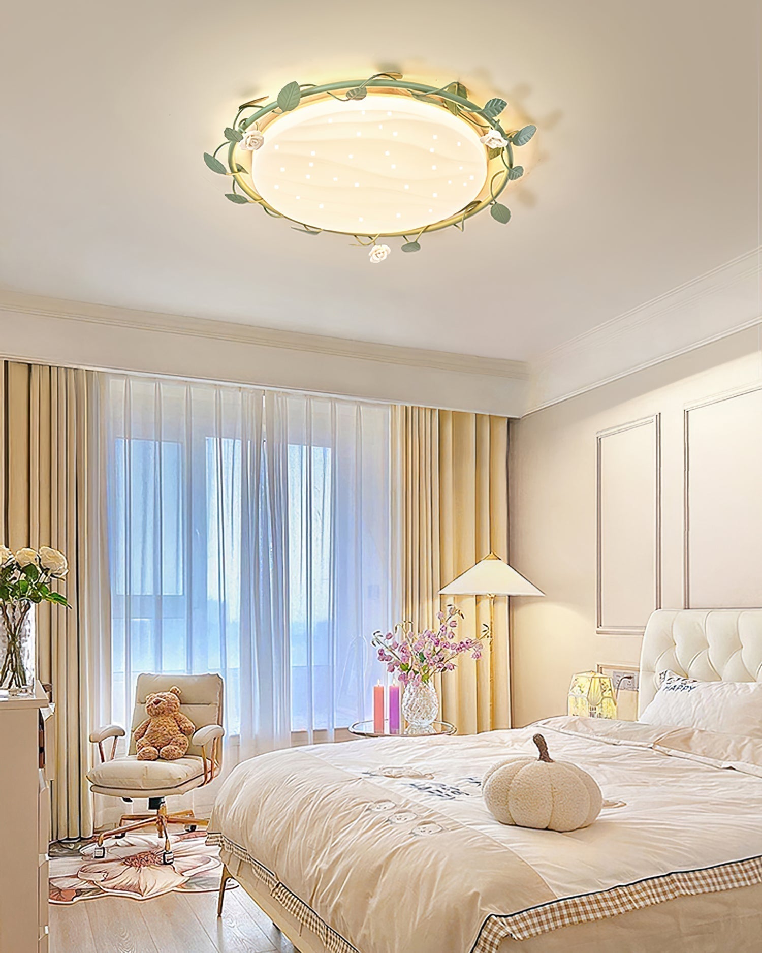 Elora romantische plafondlamp met rozenmotieven en groene accenten geïntegreerde LED-armatuur