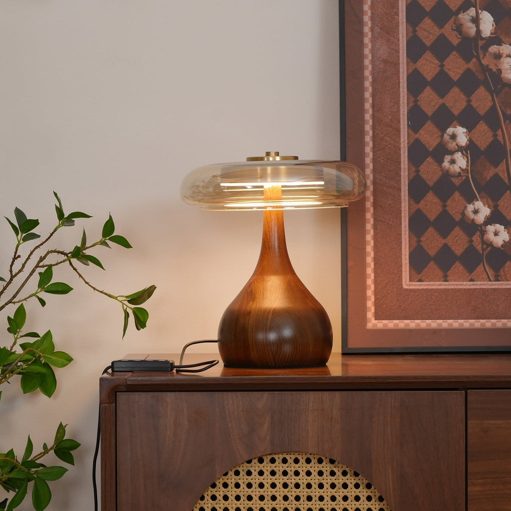 Lampe de table LED Atria en bois et laiton avec lumière d'ambiance tricolore