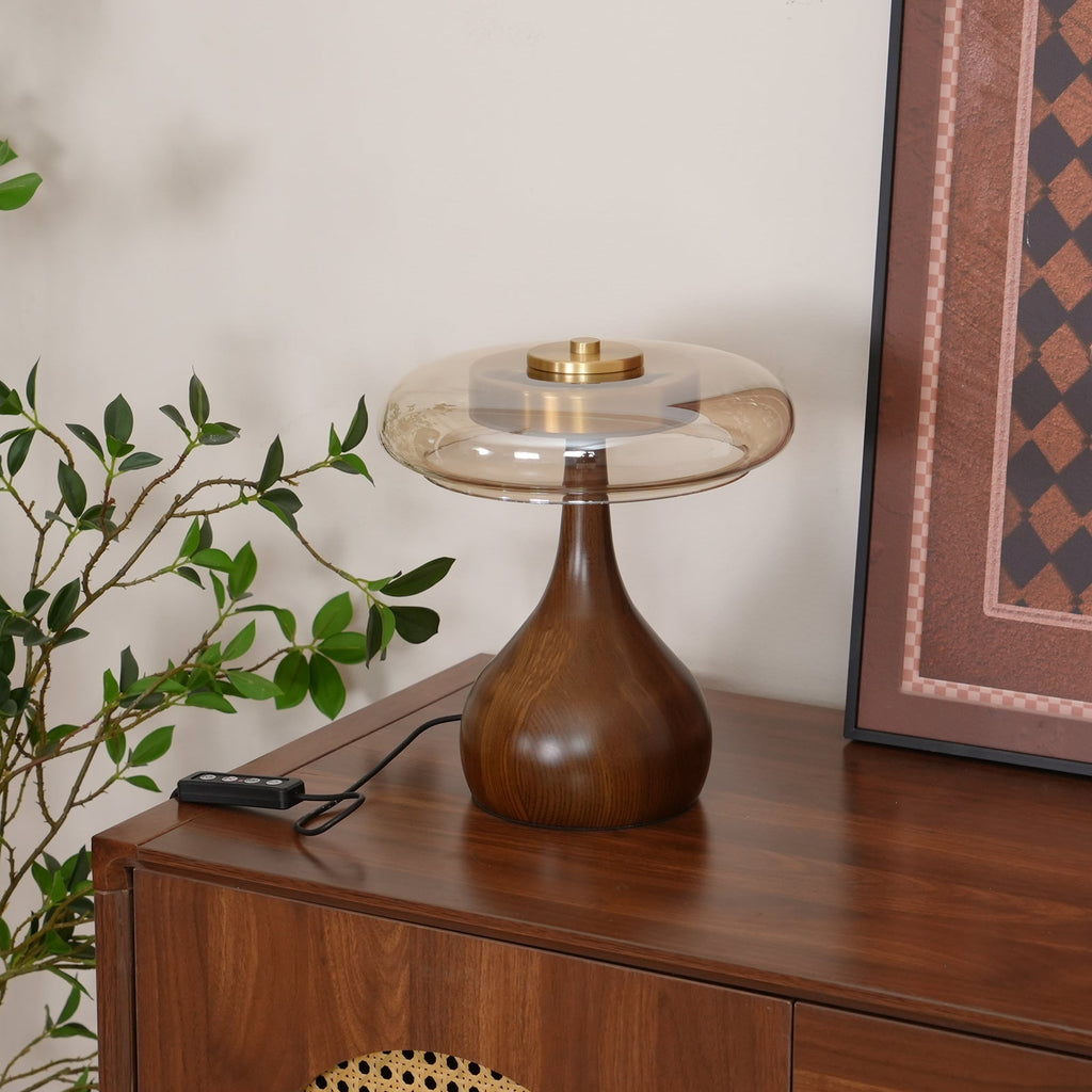 Lampe de table LED Atria en bois et laiton avec lumière d'ambiance tricolore