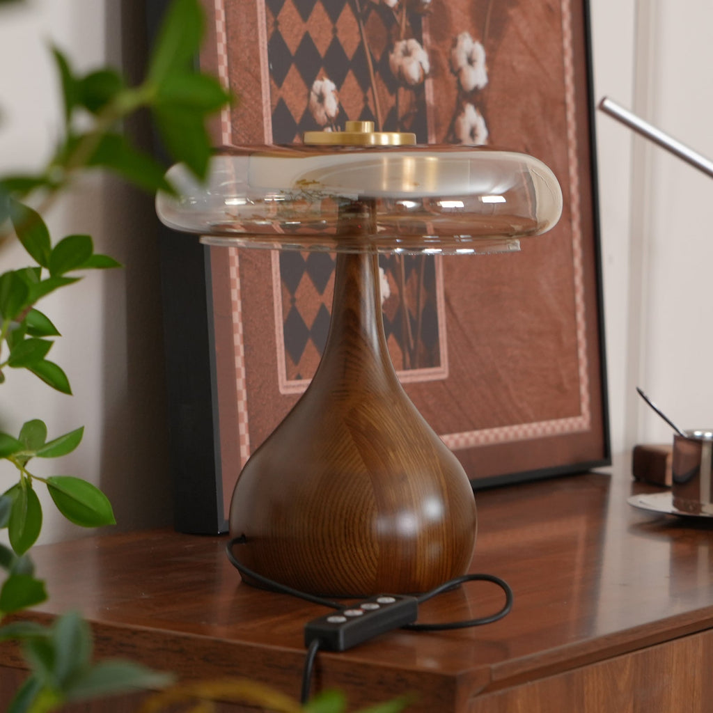 Lampe de table LED Atria en bois et laiton avec lumière d'ambiance tricolore