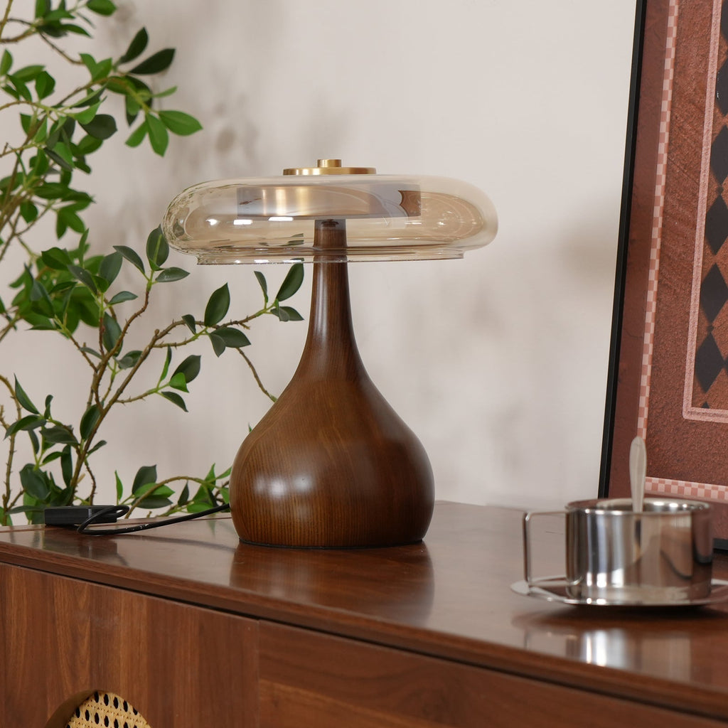 Lampe de table LED Atria en bois et laiton avec lumière d'ambiance tricolore
