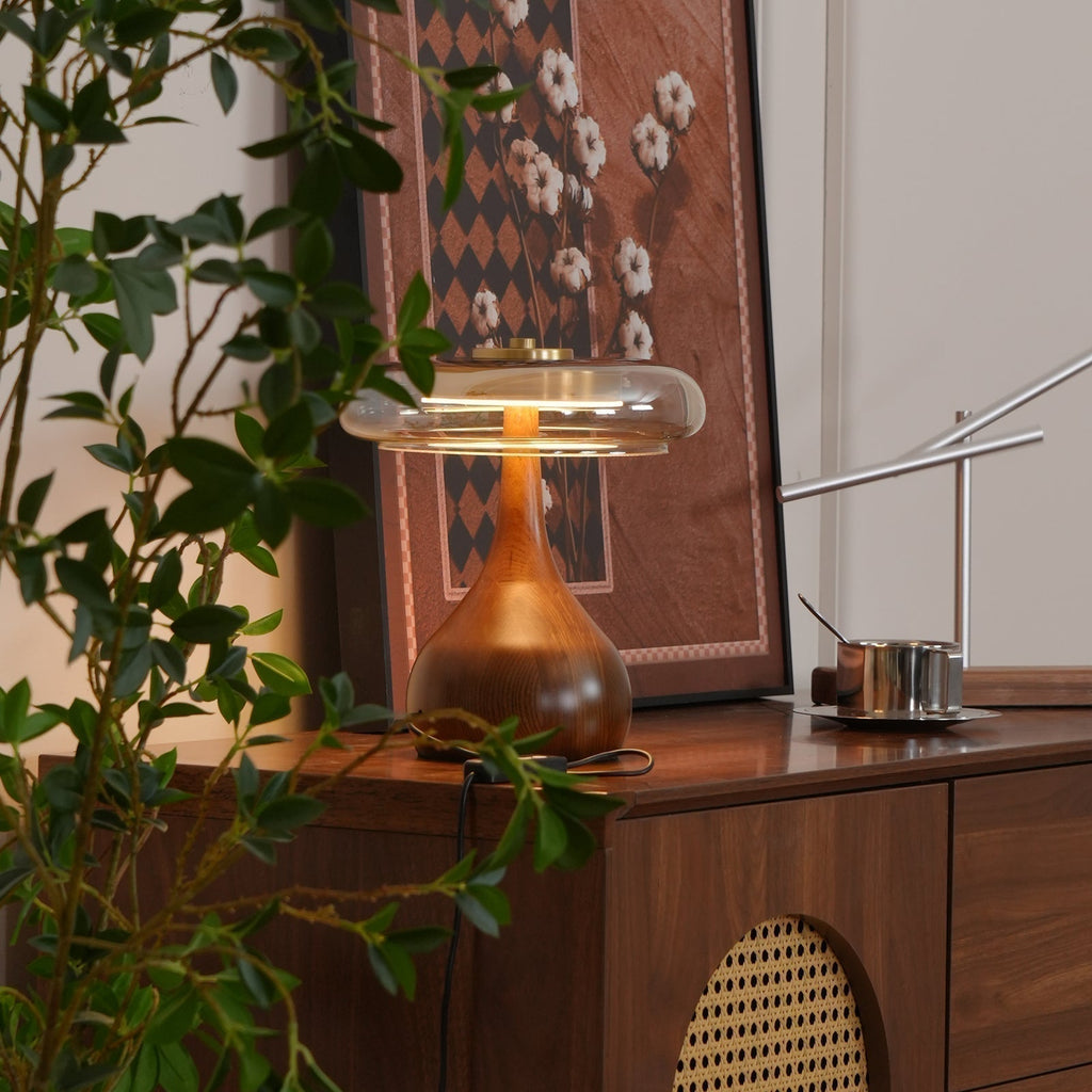 Lampe de table LED Atria en bois et laiton avec lumière d'ambiance tricolore