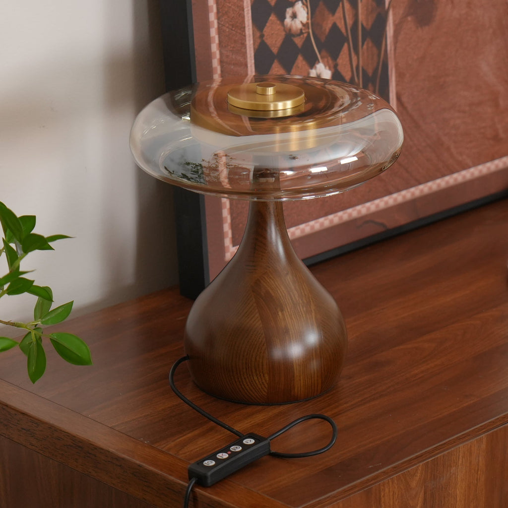 Lampe de table LED Atria en bois et laiton avec lumière d'ambiance tricolore