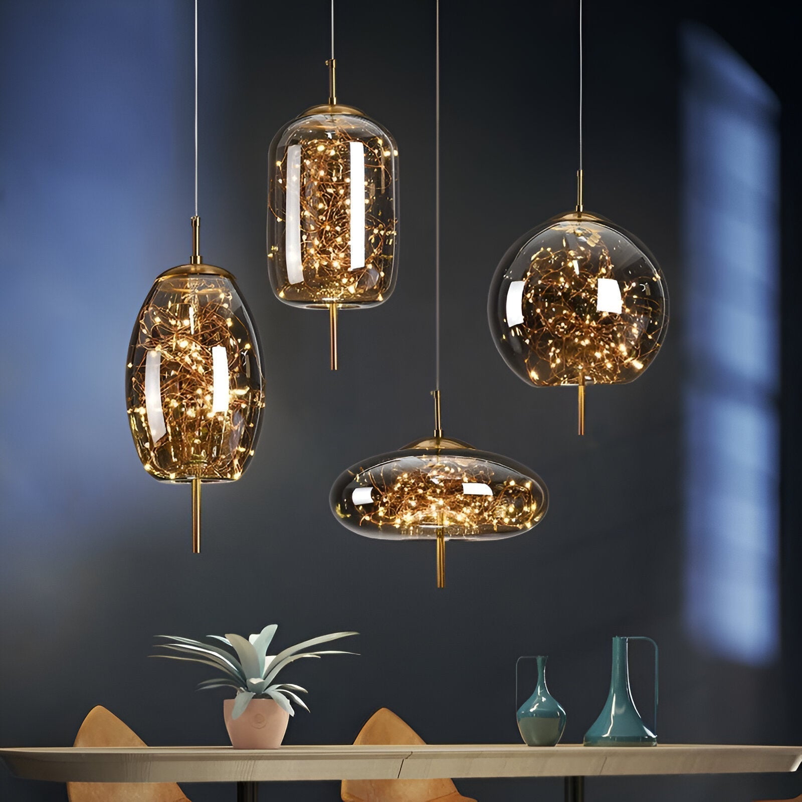 Celestra Nordic glazen hanglamp met warme sfeerverlichting