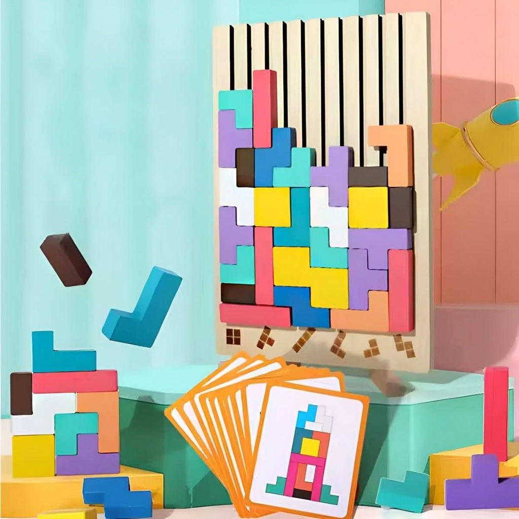 Joc Montessori din lemn BlocLearn Tetris pentru copii, dezvoltă concentrarea prin stivuire