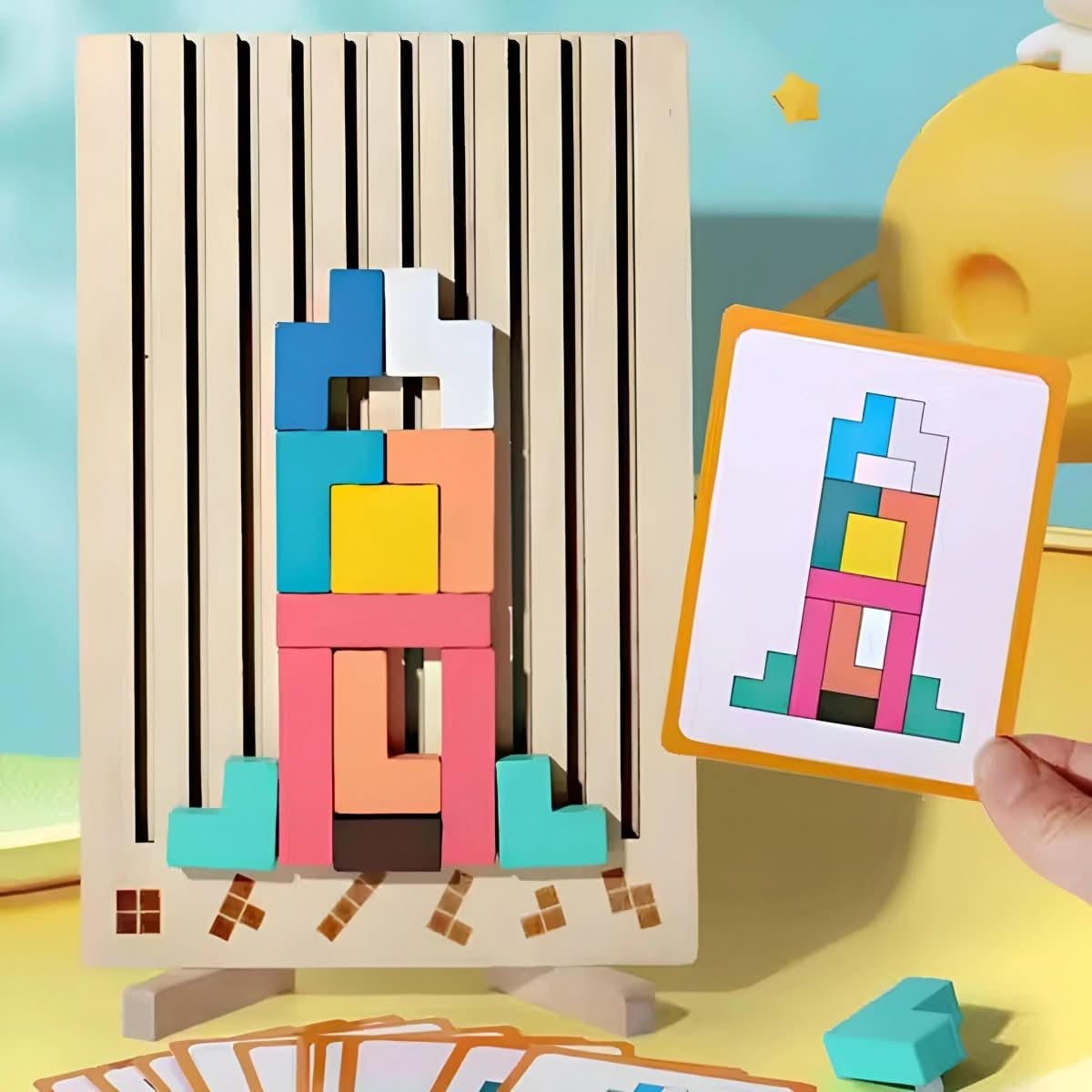 Joc Montessori din lemn BlocLearn Tetris pentru copii, dezvoltă concentrarea prin stivuire