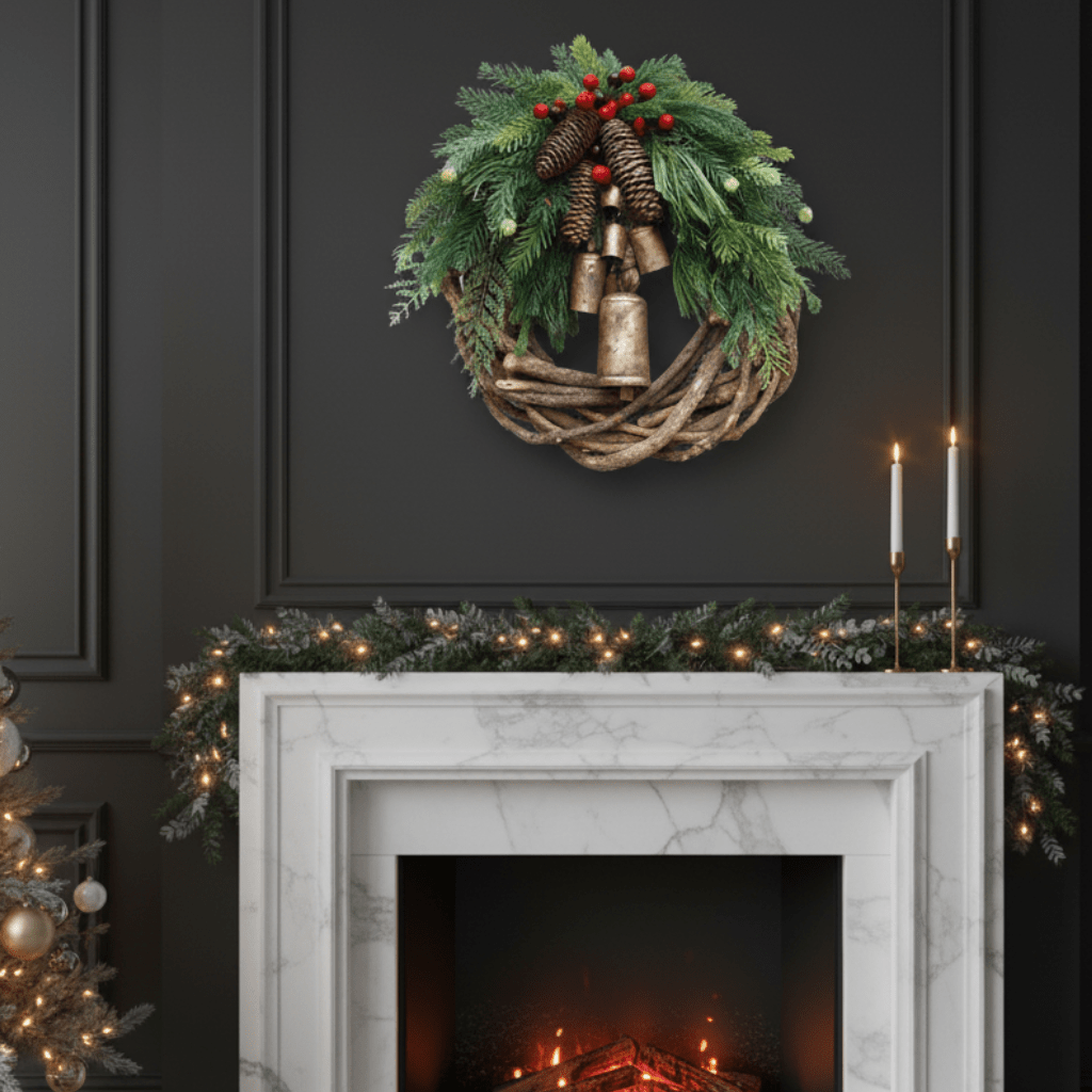 Couronne de Noël Boho Hearth Haven avec Cloches Naturelles et Accents en Bois pour Décor Boho
