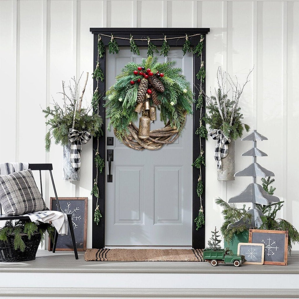 Couronne de Noël Boho Hearth Haven avec Cloches Naturelles et Accents en Bois pour Décor Boho