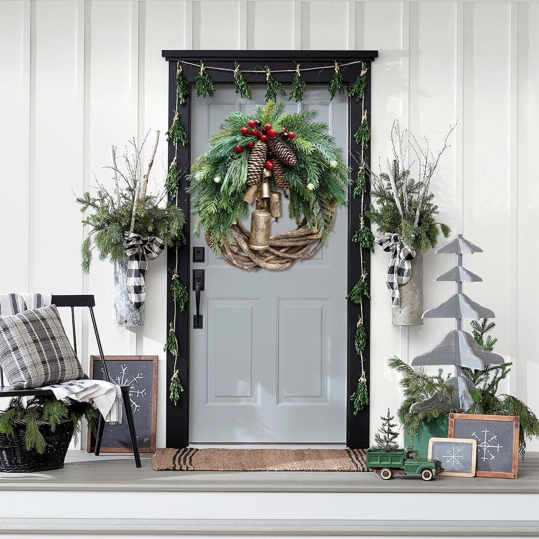 Couronne de Noël Boho Hearth Haven avec Cloches Naturelles et Accents en Bois pour Décor Boho