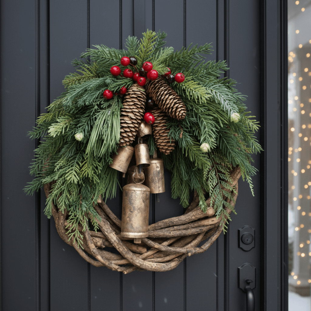 Couronne de Noël Boho Hearth Haven avec Cloches Naturelles et Accents en Bois pour Décor Boho