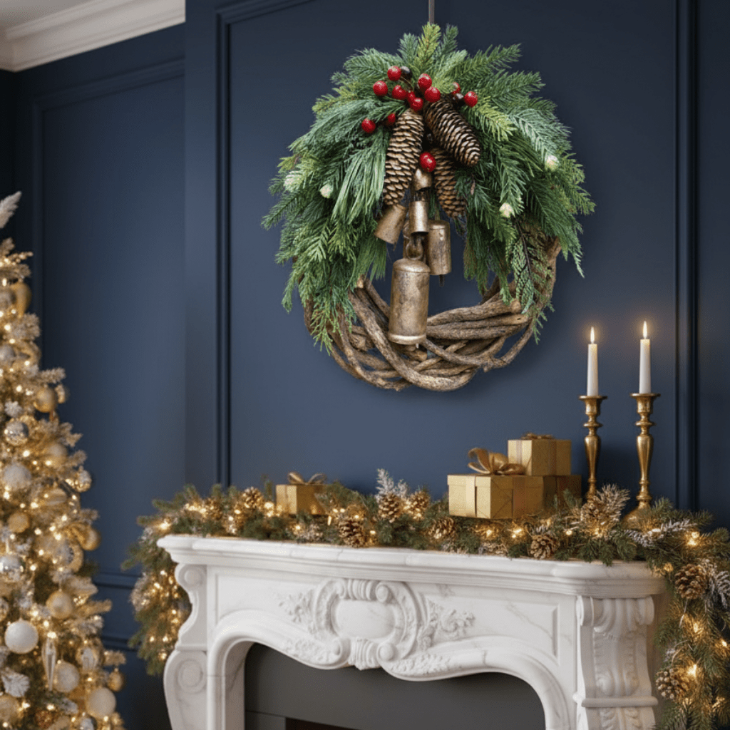 Couronne de Noël Boho Hearth Haven avec Cloches Naturelles et Accents en Bois pour Décor Boho