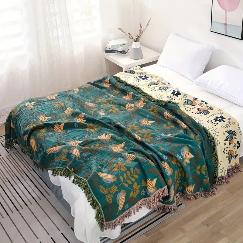 بطانية Cozyfold قابلة للعكس مصنوعة من 100% قطن بنقشة طيور مستوحاة من النمط الإسكندنافي
