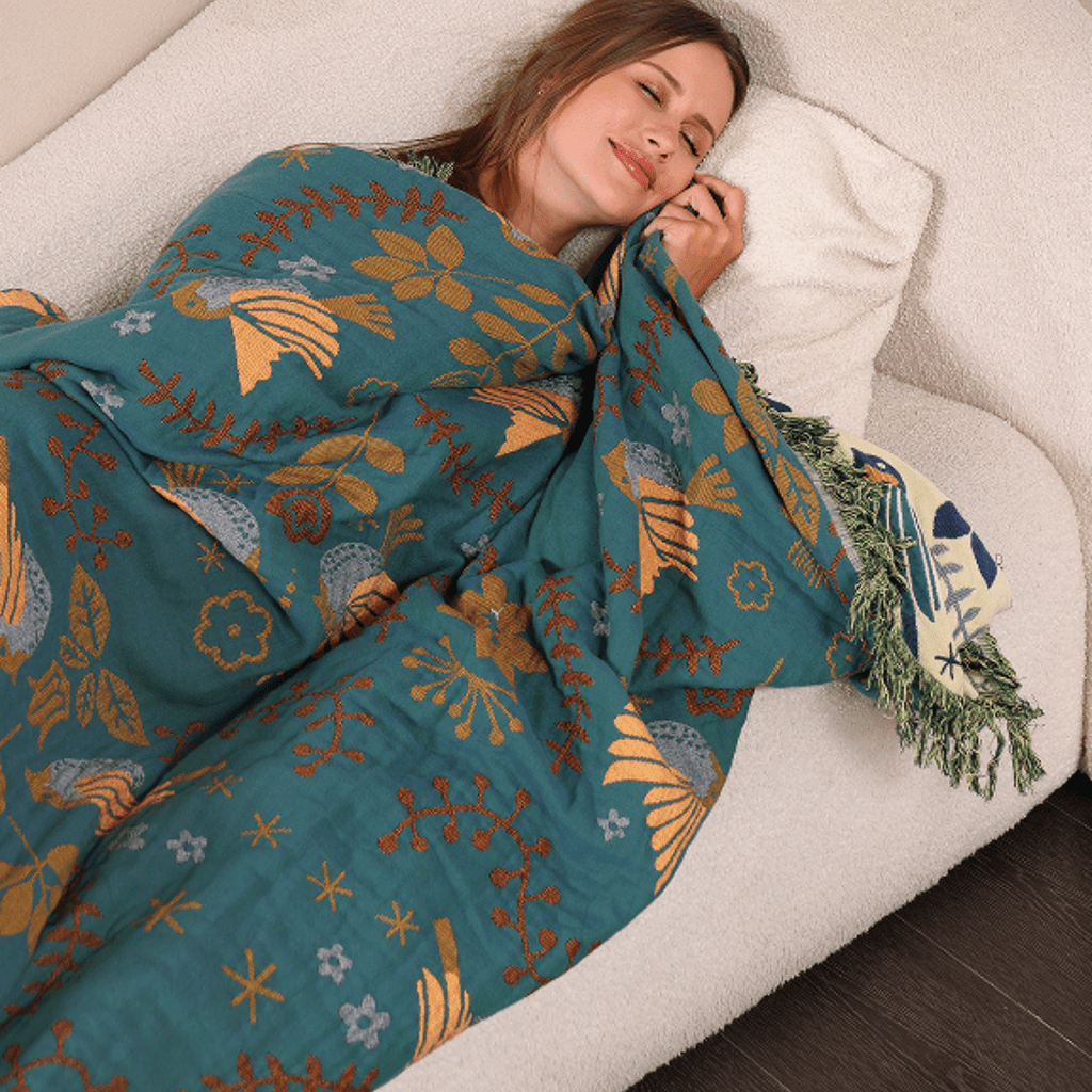 بطانية Cozyfold قابلة للعكس مصنوعة من 100% قطن بنقشة طيور مستوحاة من النمط الإسكندنافي