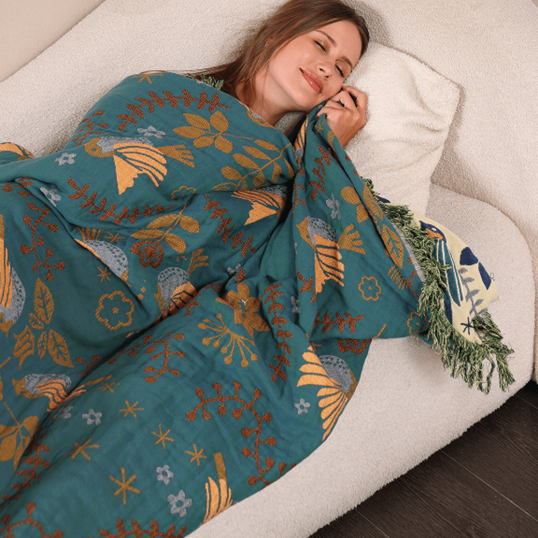 بطانية Cozyfold قابلة للعكس مصنوعة من 100% قطن بنقشة طيور مستوحاة من النمط الإسكندنافي