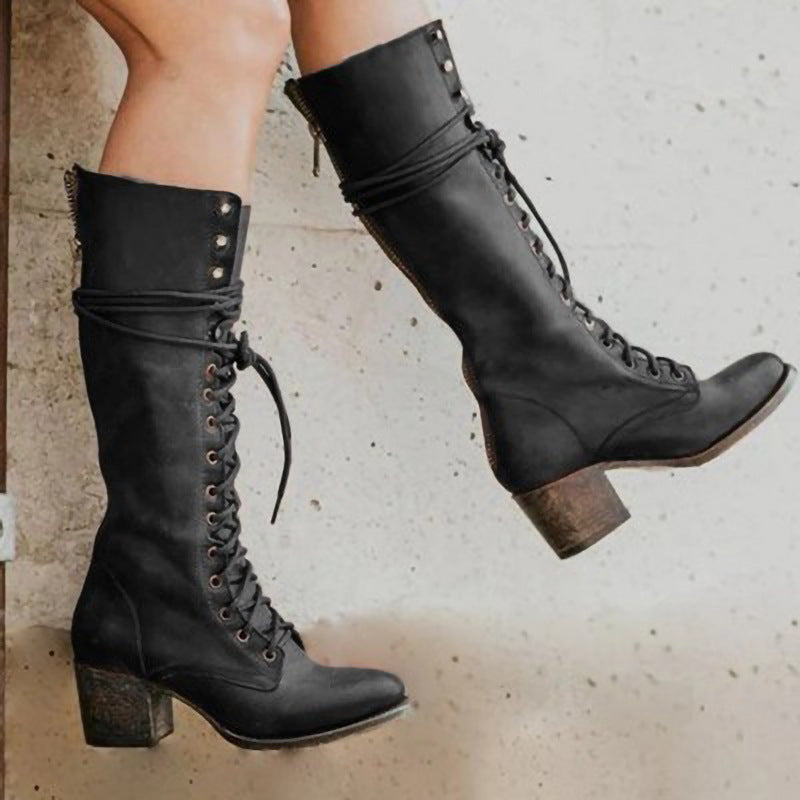 Vintage Inspired Black Leather Knee High Boots With Lace Up Front And Chunky Heel