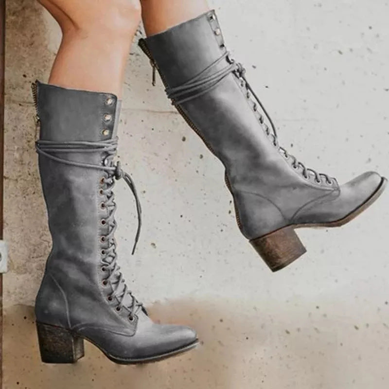 Vintage Inspired Black Leather Knee High Boots With Lace Up Front And Chunky Heel