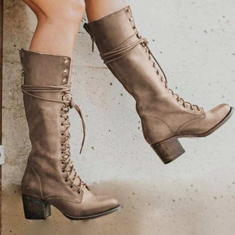 Vintage Inspired Black Leather Knee High Boots With Lace Up Front And Chunky Heel