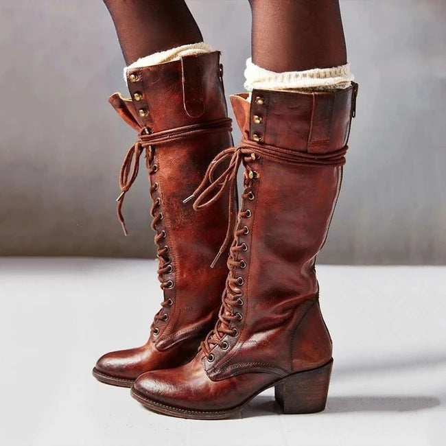 Botas altas hasta la rodilla de cuero negro de inspiración vintage con cordones delanteros y tacón grueso