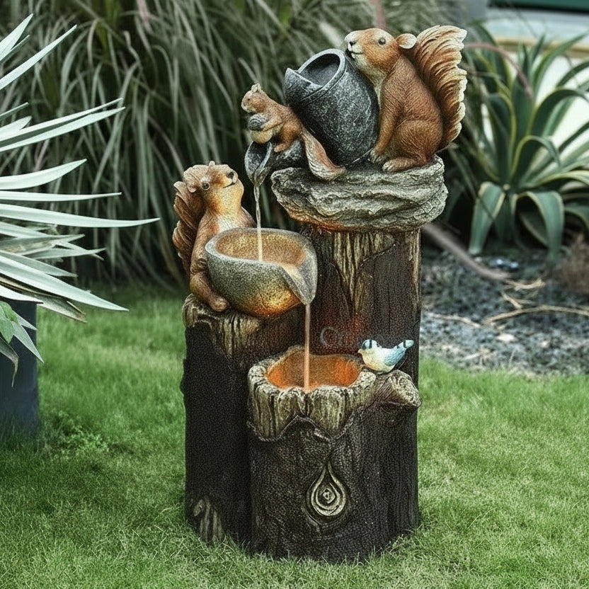 Fonte de Água Solar Sunquack com Pato e Esquilo para Decoração de Jardim