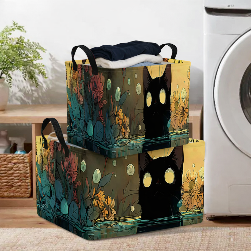 Catbox Rectangular Storage Basket With Minimalist Black Cat Design