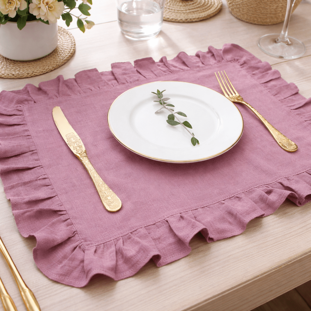 Servilleta de lino tejida con delicado borde fruncido Elegancia artesanal para recibir invitados
