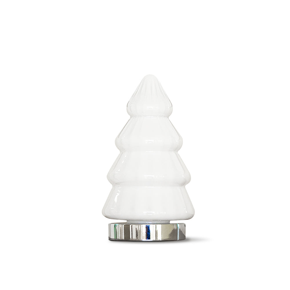 Lampada da tavolo ispirata a un albero verde con struttura in metallo cromato e dettagli in vetro