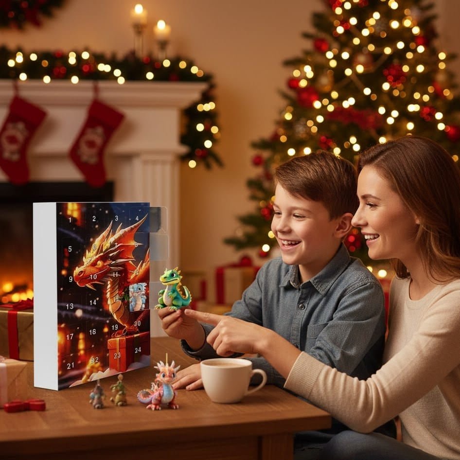 DragonRealm adventskalender med 24 samleobjekter for barn