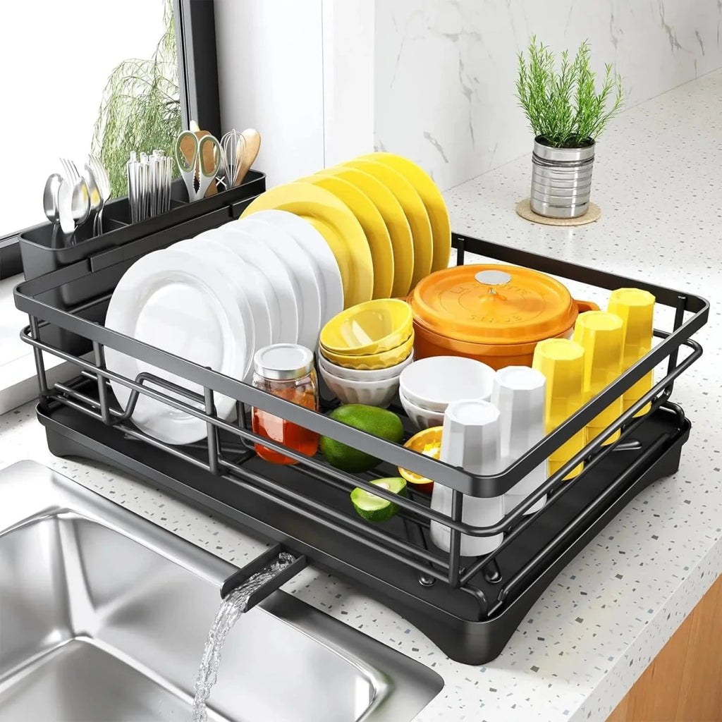 Kitchendry Large Dish Drying Rack With Integrated Drip Tray For Countertop Protection