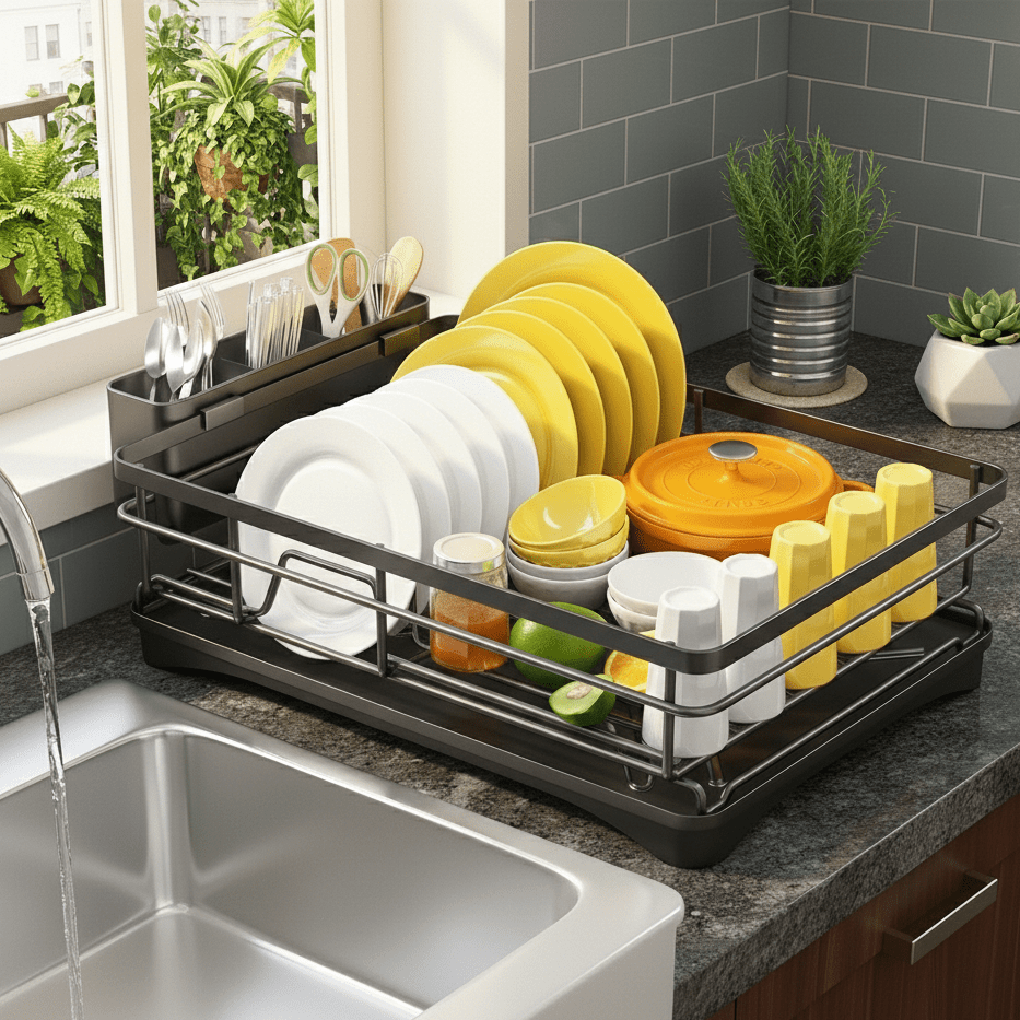 Kitchendry Large Dish Drying Rack With Integrated Drip Tray For Countertop Protection