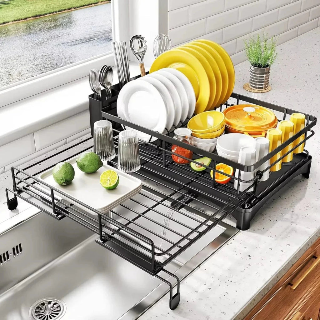 Kitchendry Large Dish Drying Rack With Integrated Drip Tray For Countertop Protection