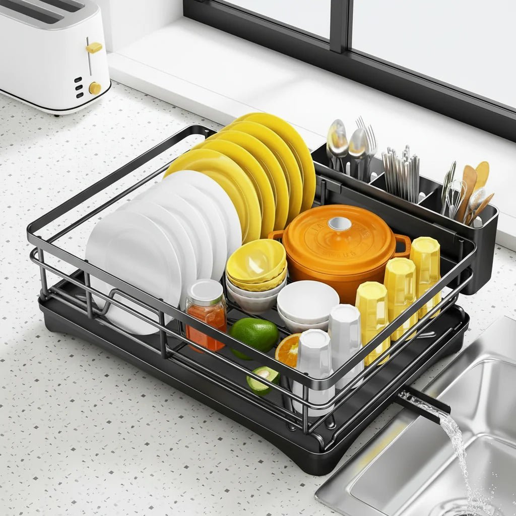 Kitchendry Large Dish Drying Rack With Integrated Drip Tray For Countertop Protection