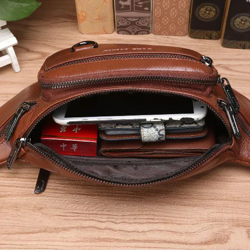 Genuine Cowhide Leather Waist Bag for Men – Large Capacity Fanny Pack, Belt & Crossbody Travel Bag