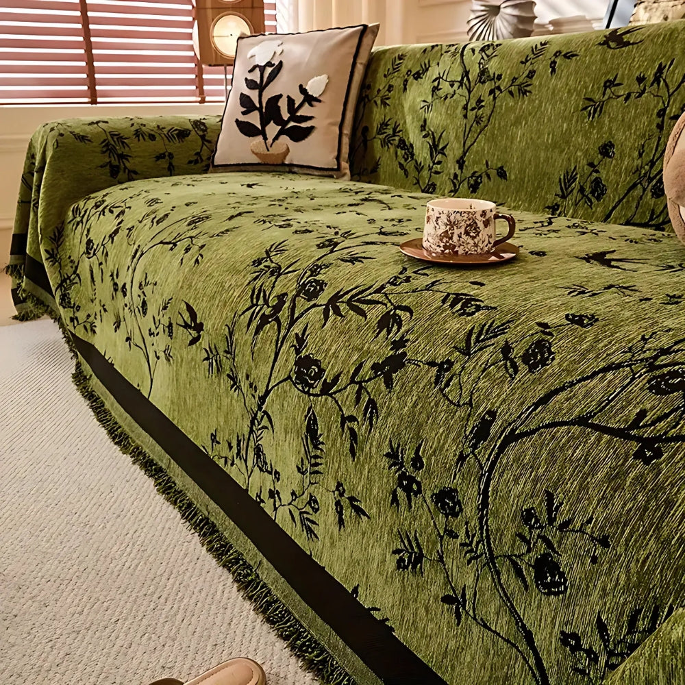 Ormel Floral Chenille Cover For Sofa With Tassel Edging