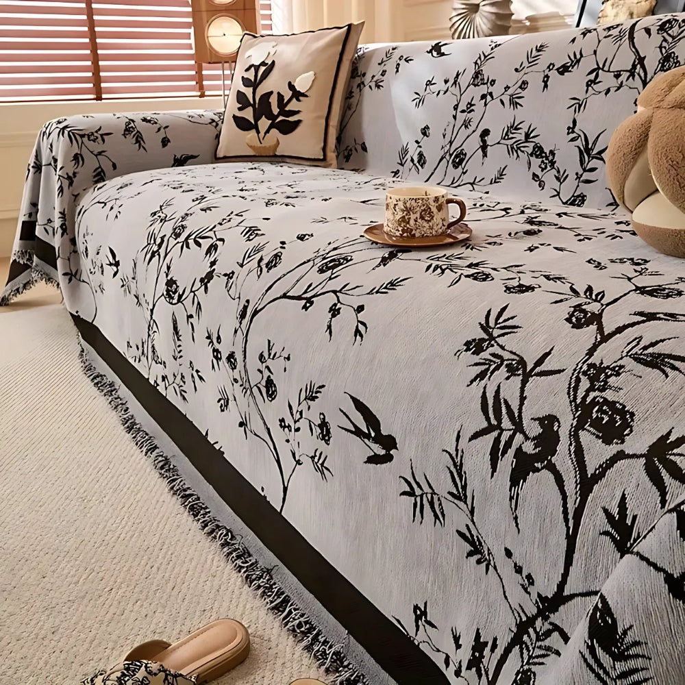 Ormel Floral Chenille Cover For Sofa With Tassel Edging