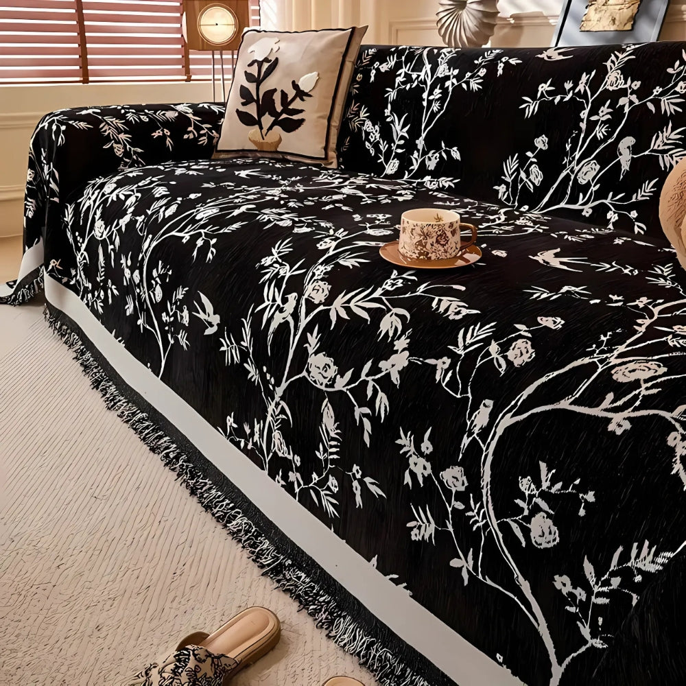 Ormel Floral Chenille Cover For Sofa With Tassel Edging