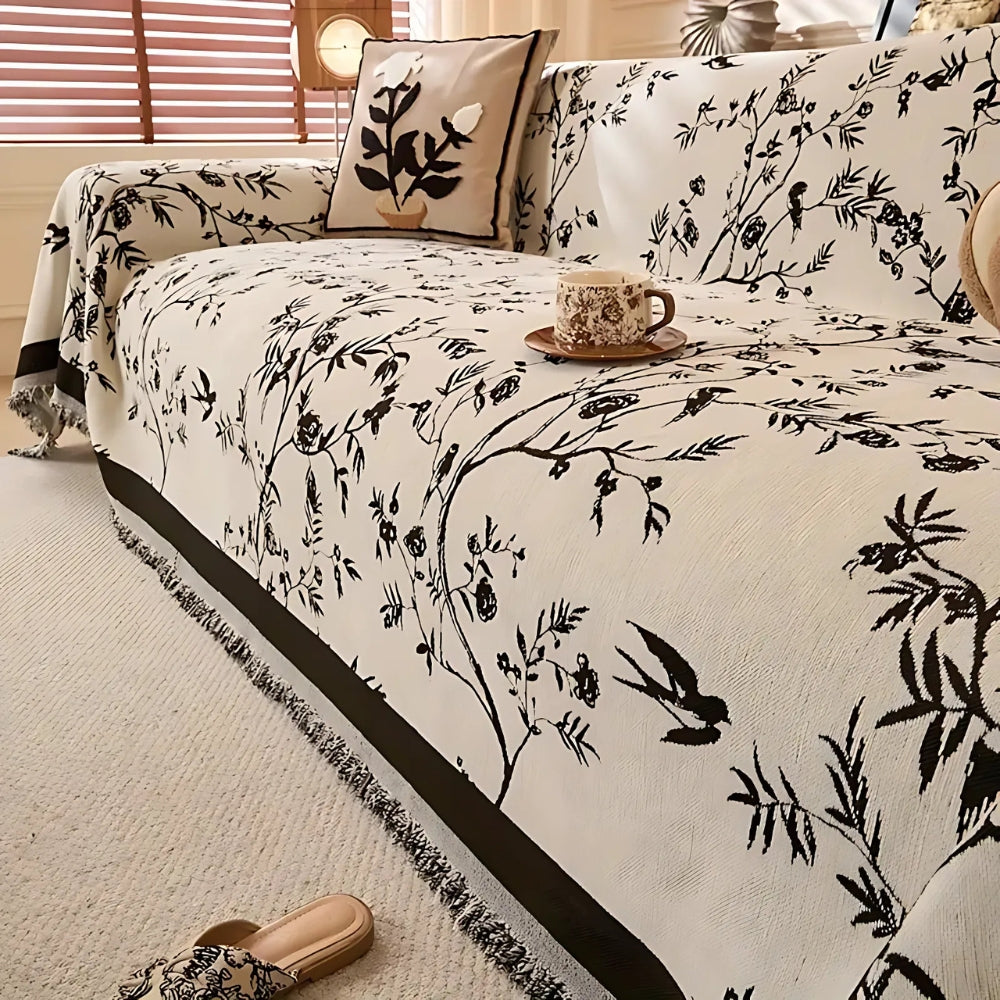 Ormel Floral Chenille Cover For Sofa With Tassel Edging