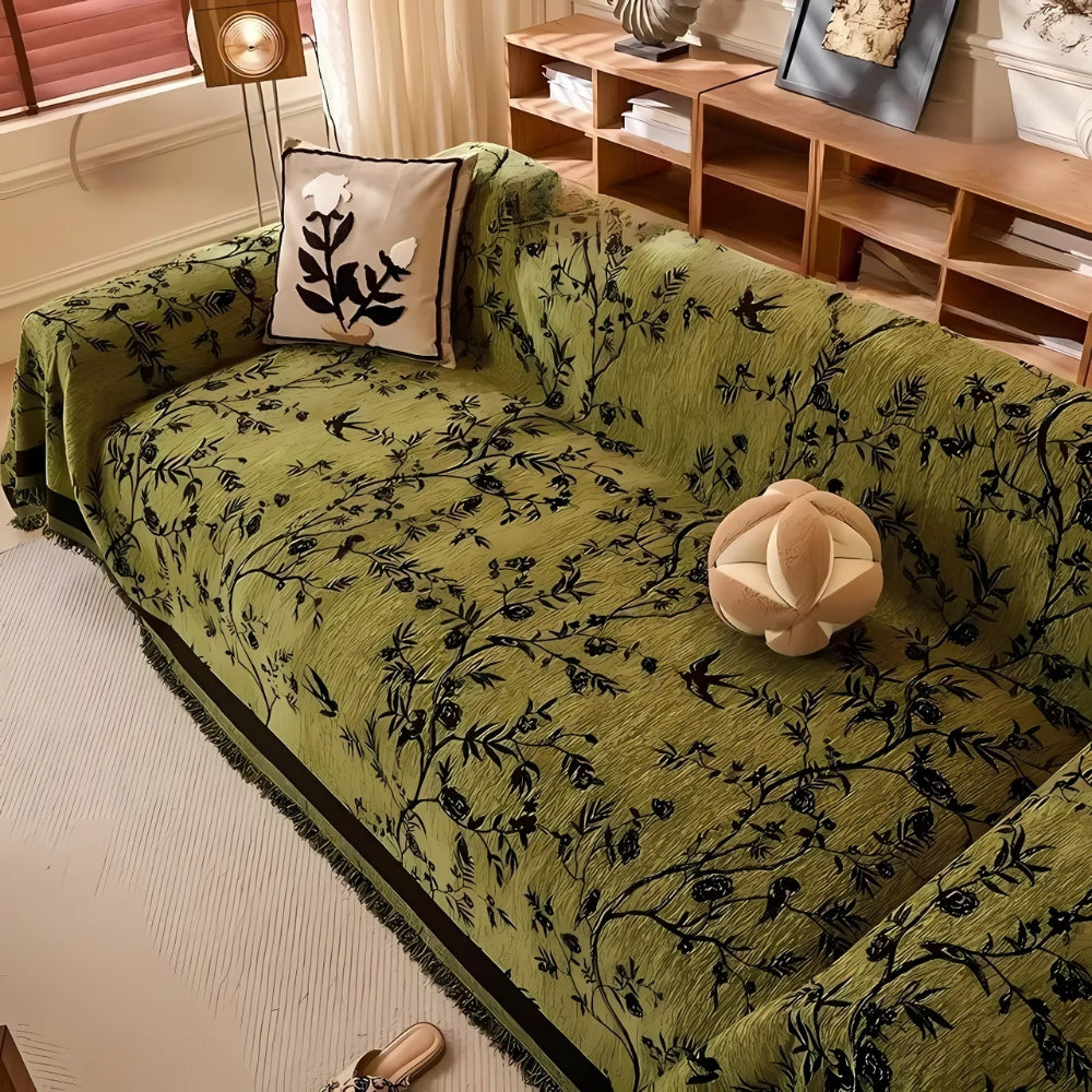 Ormel Floral Chenille Cover For Sofa With Tassel Edging