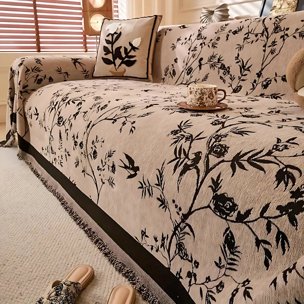 Ormel Floral Chenille Cover For Sofa With Tassel Edging