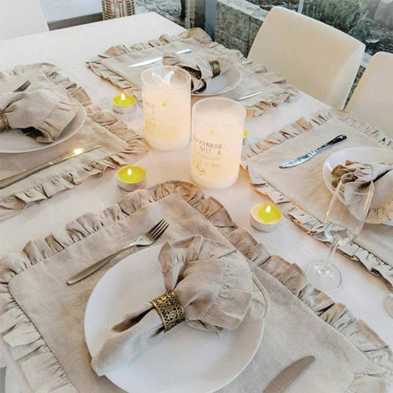 Servilleta de lino tejida con delicado borde fruncido Elegancia artesanal para recibir invitados
