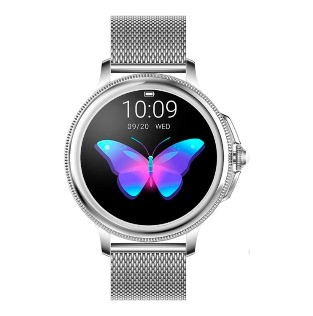 Reloj inteligente en oro rosa con correa de malla y pantalla moderna para uso diario