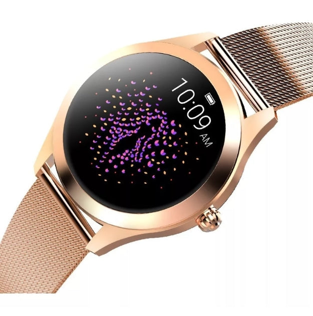 Reloj inteligente en oro rosa con correa de malla y pantalla moderna para uso diario
