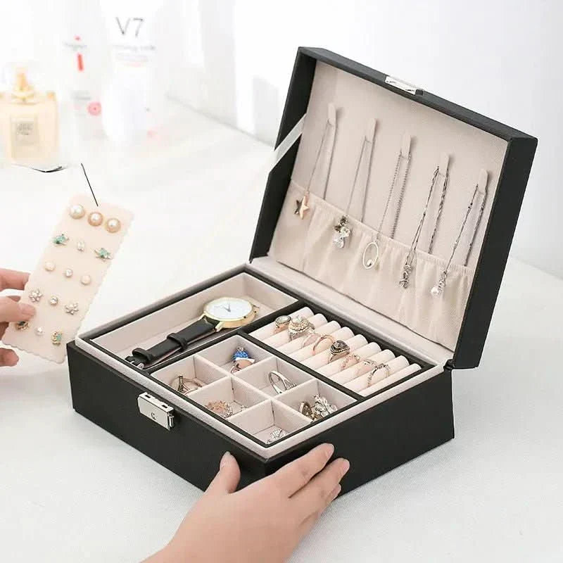 RegalCraft Trä Smyckeskrin med PU-läder för kvinnor, tvåvånings, elegant organiserare